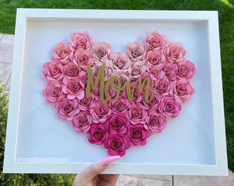 Mom Heart Shaped Flower Box | Paper Rose Shadow Box | Customized Gift for Mothers Day, Birthdays, Valentines Day, Christmas, First Time Mom