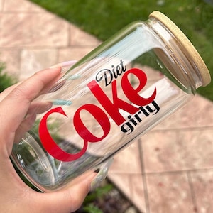 Bière Girly Coke Diète en verre | Gobelet à coke light | Tasse à café en verre | Canette de soda en verre | Coupe de Coca-Cola | Gobelet personnalisé avec couvercle en bambou |