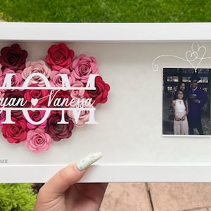 Mom Heart Shaped Monogram Flower Photo Shadow Box | Mom Gift from Daughter | Customized Gift for Christmas, Valentines Day, Birthday