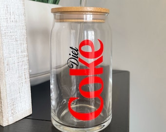 Diet Coke Beer Glass Can | Diet Coke Tumbler | Glass Coffee Cup | Soda Glass Can | Coca Cola Cup | Custom Cup with Bamboo Lid |