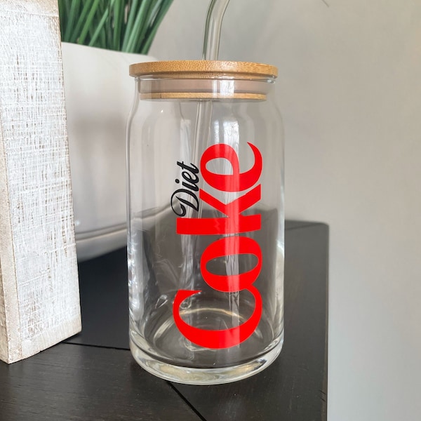 Diet Coke Beer Glass Can | Diet Coke Tumbler | Glass Coffee Cup | Soda Glass Can | Coca Cola Cup | Custom Cup with Bamboo Lid |