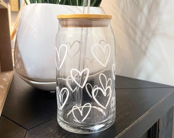Heart Iced Coffee Beer Glass Can | Iced Coffee | Beer Glass Can | Coffee Cup | Glass Can | Coffee Addict | Custom Cup with Bamboo Lid Straw