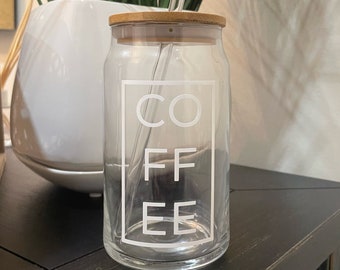 Iced Coffee Beer Glass Can | Iced Coffee | Beer Glass Can | Glass Coffee Cup | Soda Glass Can | Coffee Addict | Custom Cup with Bamboo Lid |