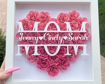 Mom Heart Shaped Monogram Flower Shadow Box | Mom Mothers Day Gift Daughter and Kids | Customized Gift for Mothers Day, Birthday, Christmas