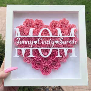 Mom Heart Shaped Monogram Flower Shadow Box | Mom Mothers Day Gift Daughter and Kids | Customized Gift for Mothers Day, Birthday, Christmas