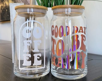 Iced Coffee Beer Glass Can | Iced Coffee | Beer Glass Can | Glass Coffee Cup | Soda Glass Can | Coffee Addict | Custom Cup with Bamboo Lid |