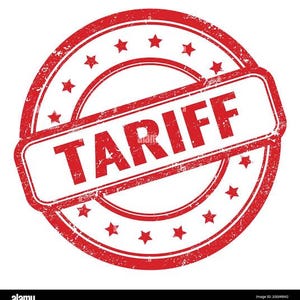 May include: A red circular stamp with the word "TARIFF" in a white rectangular box across the center. The stamp has a distressed look, with a ring of stars around the inner circle.