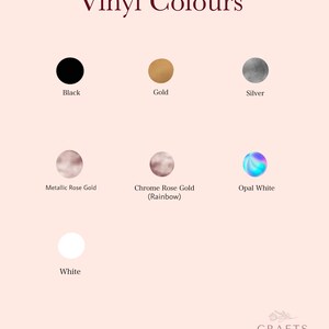 May include: A chart showing different vinyl colors for crafting projects. The colors include black, gold, silver, metallic rose gold, chrome rose gold (rainbow), opal white, and white.