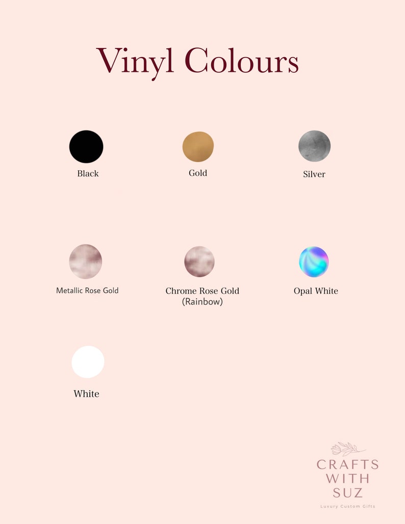 May include: A chart showing different vinyl colors for crafting projects. The colors include black, gold, silver, metallic rose gold, chrome rose gold (rainbow), opal white, and white.