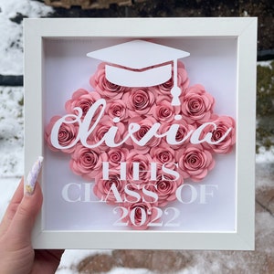 May include: A white frame with a pink paper flower graduation cap and the name Olivia. The text "THS CLASS OF 2022" is also included in the frame.