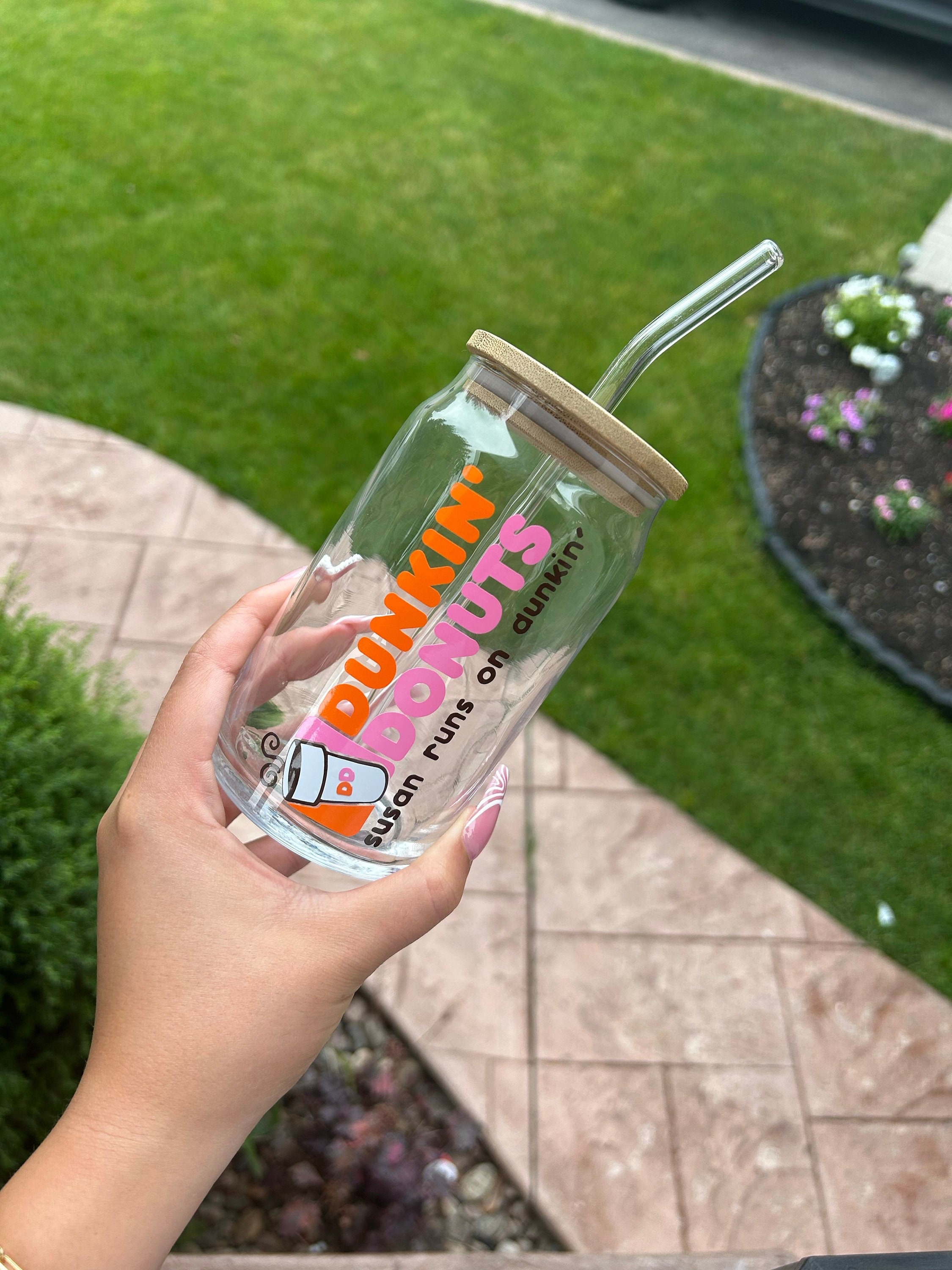 Dunkin' Beer Glass Can | Dunkin' Donuts Tumbler | Glass Coffee Cup |  Personalized Dunkin Donuts Cup | Custom Cup With Bamboo Lid | - Etsy