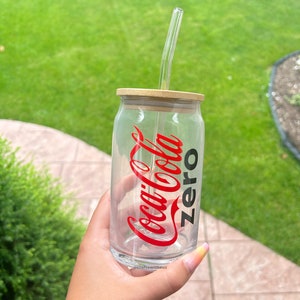 Coke Zero Beer Glass Can | Coke Zero Tumbler | Glass Coffee Cup | Soda Glass Can | Coca Cola Zero Cup | Custom Cup with Bamboo Lid |