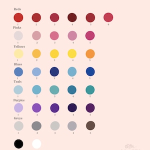 May include: Chart of flower colors with different shades of red, pink, yellow, blue, teal, purple, gray, black, and white. The chart is labeled "Flower Colors".