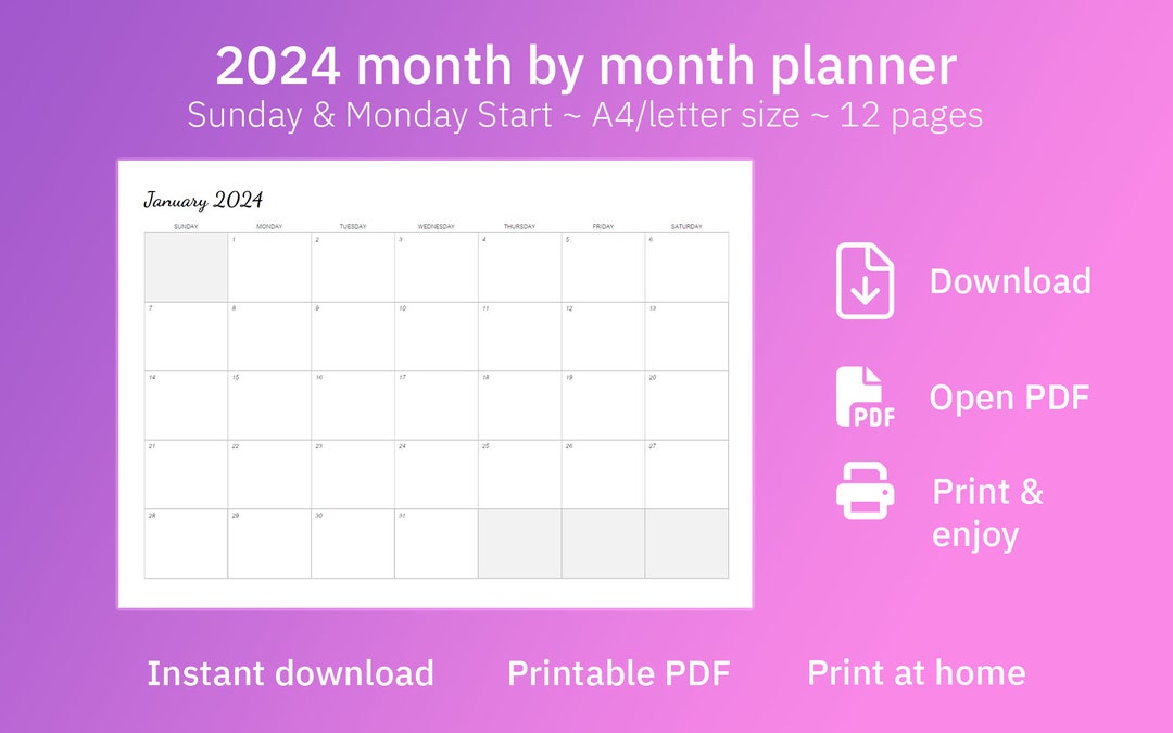 2024 Instant Download Printable Monthly Planner Calendar 2024 Month by