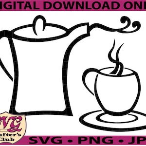 Puede incluir: Ilustración en blanco y negro de una cafetera vertiendo café en una taza con vapor saliendo de la taza. La cafetera tiene un asa y un pico. La taza tiene un asa y se encuentra sobre un platillo.