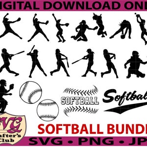 Softball Player Bundle con testo e Softballs Clipart SVG Design per Cricuts e Silhouettes
