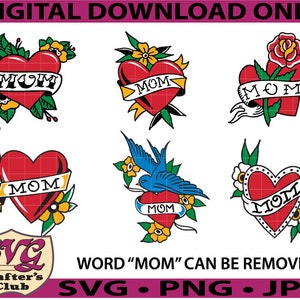 Puede incluir: Cinco diseños diferentes de un corazón con la palabra "MOM" en su interior. Cada corazón está rodeado de flores y hojas. La palabra "MOM" se puede eliminar del diseño.  Los formatos de archivo SVG, PNG y JPG están disponibles.