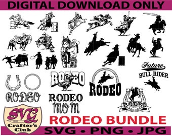 May include: A digital download bundle of 18 black and white rodeo themed SVG, PNG, and JPG files. The bundle includes images of cowboys, horses, bull riders, and rodeo equipment. The text "RODEO BUNDLE" is in red letters and the text "SVG.PNG.JPG" is in black letters.