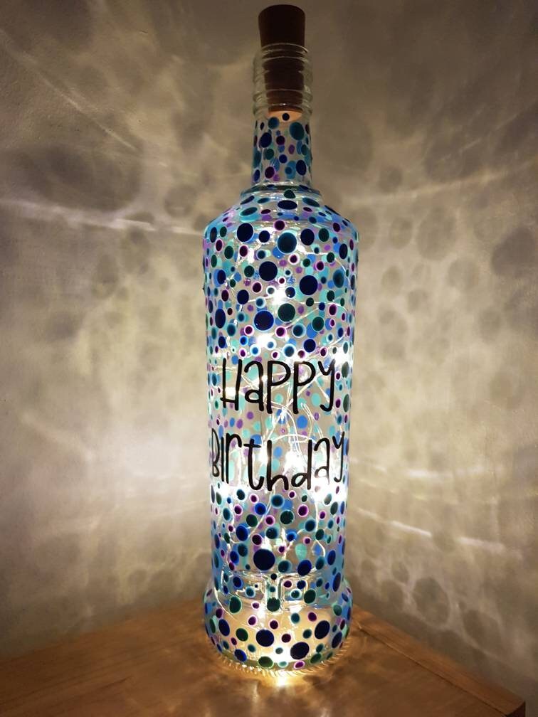 Happy Birthday Decorated Wine Bottle with lights // Blue // Etsy
