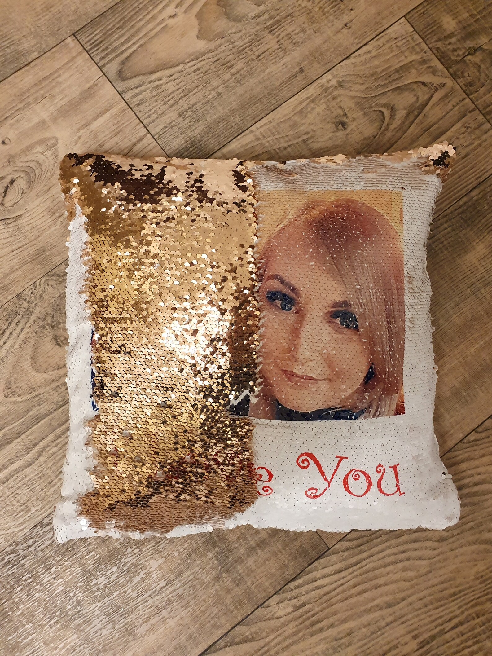 Personalised sequin photo cushion Etsy.de