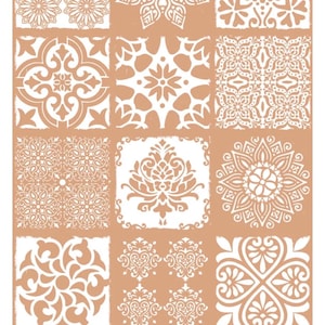 May include: A set of 12 terracotta tile stickers with white geometric patterns. The stickers are in various sizes and feature different designs, including floral, mandala, and geometric shapes.