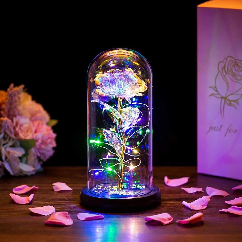Rose Flower Gift Enchanted Rose Lamp, Flower In Glass Dome, Led Lights Red  Silk Rose Flower