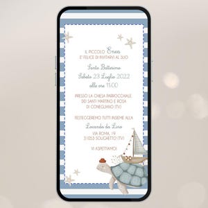 May include: A blue and white striped invitation card with a cartoon turtle wearing a red hat and sailing on a boat. The text on the card reads "IL PICCOLO Enea E' FELICE DI INVITARVI AL SUO Santo Battesimo Sabato 23 Luglio 2022 alle ore 11:00 PRESSO LA CHIESA PARROCCHIALE DEI SANTI MARTINO E ROSA DI CONEGLIANO (TV) FESTEGGEREMO TUTTI INSIEME ALLA Locanda da Lino VIA ROMA, 19 31053 SOLIGHETTO (TV) VI ASPETTIAMO!"