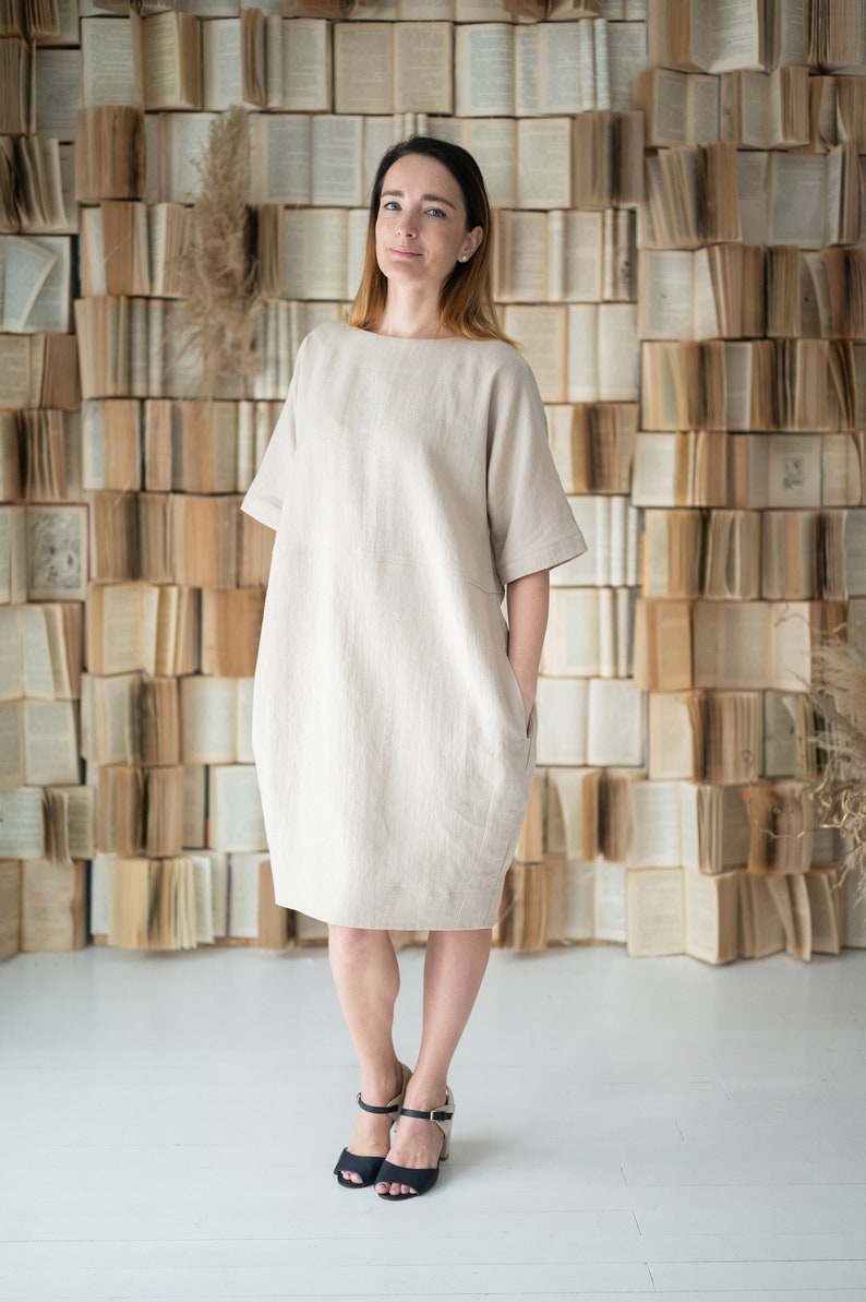 Cocoon shaped style dress ILONA Linen cocoon dress Fashionable dress Blue soft linen dress midi length Natural color