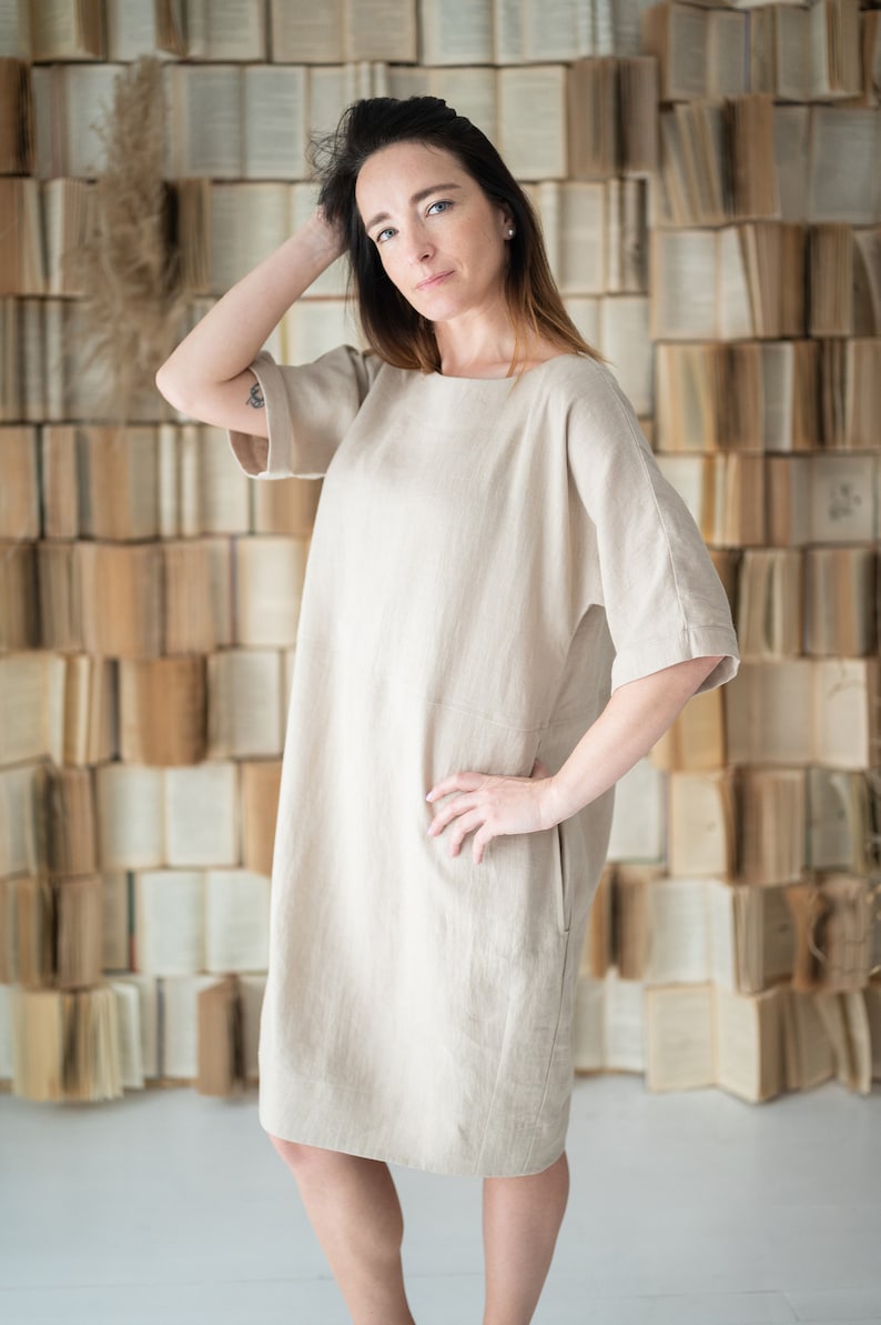 Cocoon shaped style dress ILONA Linen cocoon dress Fashionable dress Blue soft linen dress midi length Natural color