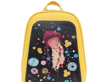 DOGO, Yellow Backpack, Jelly Stars Design, Women Backpack, Leather Backpack, School Bag, Printed Bag, Handmade Bag, Custom Bag,