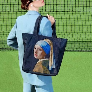 DOGO, Tag Bag, Girl with a Pearl Earring Desing, Tote Bag, Suede Handbag, Custom Women Bags, Shoulder Bag, Large Tote Bag, Gift For Her