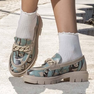 Women Vegan Leather Turquoise Loafers - Panda Hug Design