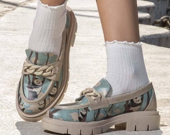 Women Vegan Leather Turquoise Loafers - Panda Hug Design