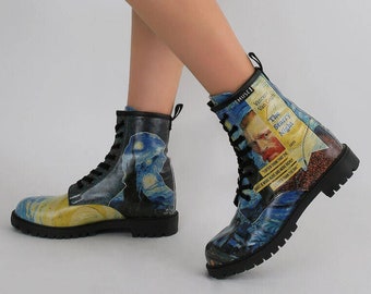 DOGO, Vincent van Gogh, Starry Night, Van Gogh Print, Combat Boots, Custom Boots, Celestial Shoes, Goth Boots, Printed Shoes