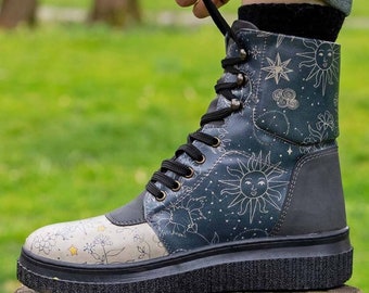Celestial Print Vegan Leather Lace-Up Boots, Handmade