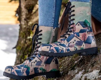 Handmade Vegan Leather Boots, Women's Buildings Design Zipper Boot
