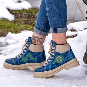 DOGO, Adriana Born to Travel Blue Women&#39;s Boots, Platform Boots, Chunky Heels, Ankle Boots, Gift for Travelers