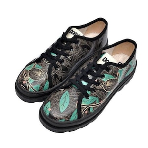 DOGO, Chunky Shoes, Custom Sneakers, Bird Figured Shoes, Hand Made, Printed Shoes, Black Sneaker, Vegan Leather, Alessandra Bird and Leaves