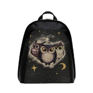 DOGO, sac à dos noir, conception de famille hiboux, sac à dos pour femme, sac à dos en cuir, cartable, sac imprimé, sac fait main, sac personnalisé,