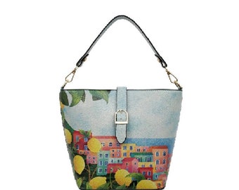 DOGO, sac à main multicolore, design Positano, sac à main pour femme, sac à main en cuir, sac imprimé, sac fait main, sac personnalisé, sac fourre-tout, petit sac,