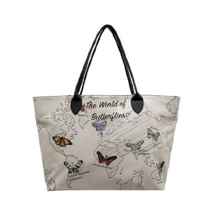 DOGO, sac à bandoulière beige, design Le monde des papillons, sac à bandoulière pour femme, sac en cuir, sac imprimé, sac fait main, sac personnalisé, sac fourre-tout,