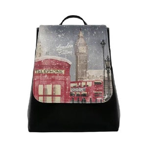 DOGO, sac à dos noir, design London is Calling, sac à dos pour femme, sac à dos en cuir, cartable d'écolier, sac imprimé, sac fait main, sac personnalisé,