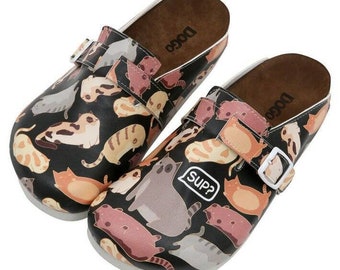 DOGO, Zapatillas de mujer, Zapatillas de cuero, Cuero vegano, Mules de cuero para mujer, Figura de gato, Zapatos de verano, Figura de gato, Comfie Sup Hooman?