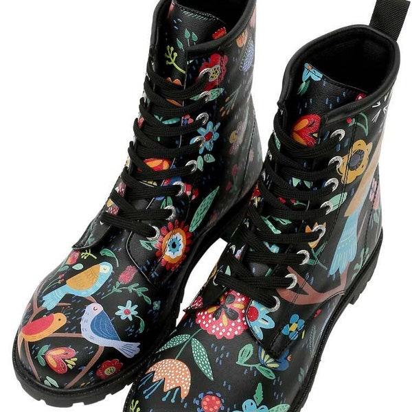 DOGO, Women Long Boot, Flower & Birds Design, Black Lace Up Boot, Leather Boot, Custom Shoes, Handmade Shoes, Printed Shoes