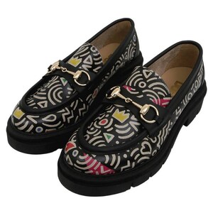 Women Vegan Leather Multicolor Loafers - Abstract Outline Design
