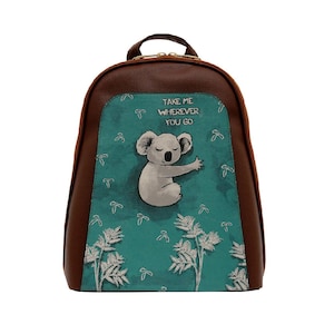 DOGO, sac à dos marron, motif câlin koala, sac à dos pour femme, sac à dos en cuir, cartable d'écolier, sac imprimé, sac fait main, sac personnalisé,