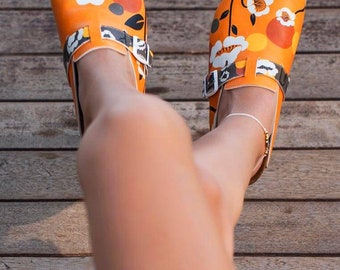 Floral Print Vegan Leather Clogs, Comfortable Summer Mules