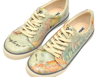 DOGO Custom Sneakers, Handmade Sneakers, Leather Lace Up Shoes, Colorful Women Shoes, Printed Sneakers, World Map Pattern, Explore