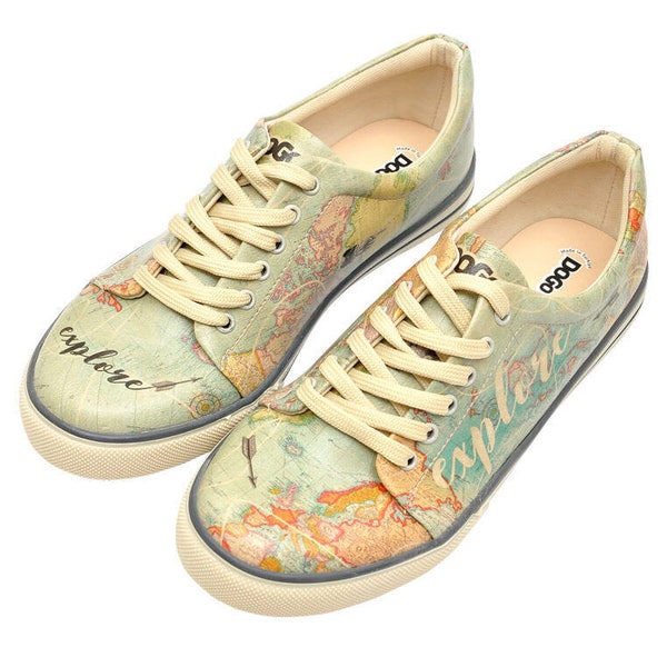 DOGO Custom Sneakers, Handmade Sneakers, Leather Lace Up Shoes, Colorful Women Shoes, Printed Sneakers, World Map Pattern, Explore