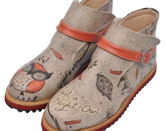DOGO, Women's Boots, Leather Boots, Vegan Shoes, Owl Figured, Floral Shoes, Beige, Lolita Shoes, Kim Night Owl